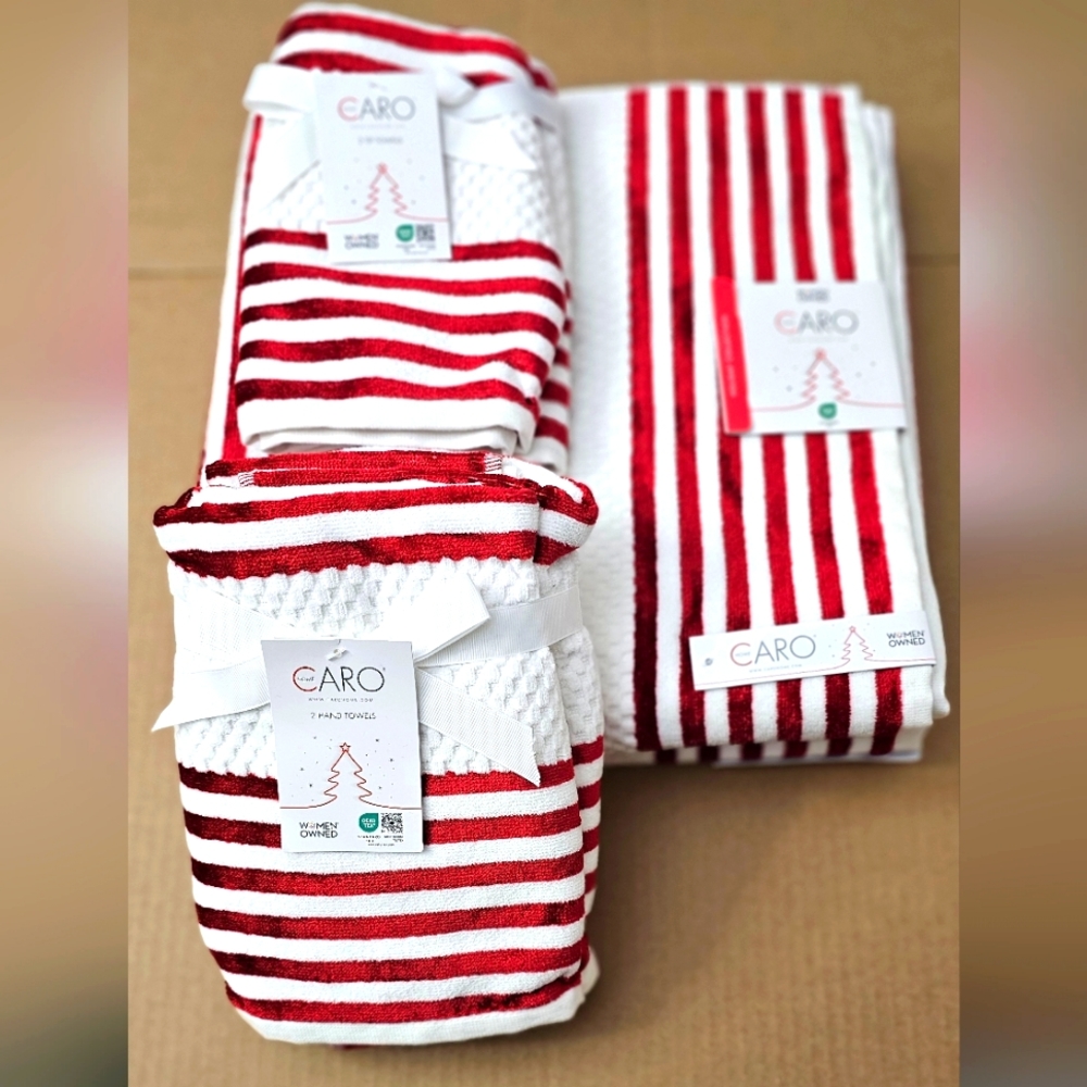 💥6pc CARO HOME  100% Cotton Stripe Bath Towel Set - Valentine's Red/White
